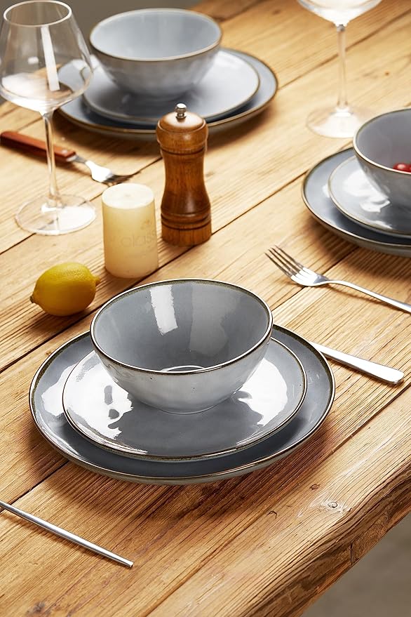 Famiware Ocean Round Plates and Bowls Sets for Kitchen 16-Piece Dinnerware Sets for 4 Mug Set for 4 Reactive Glaze Blue