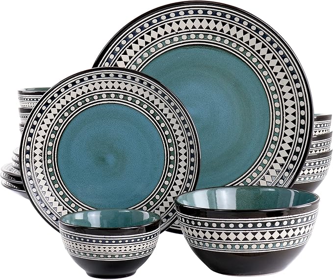 Elama Blue Sage 16 Piece Double Bowl Stoneware Dinnerware Set in Blue