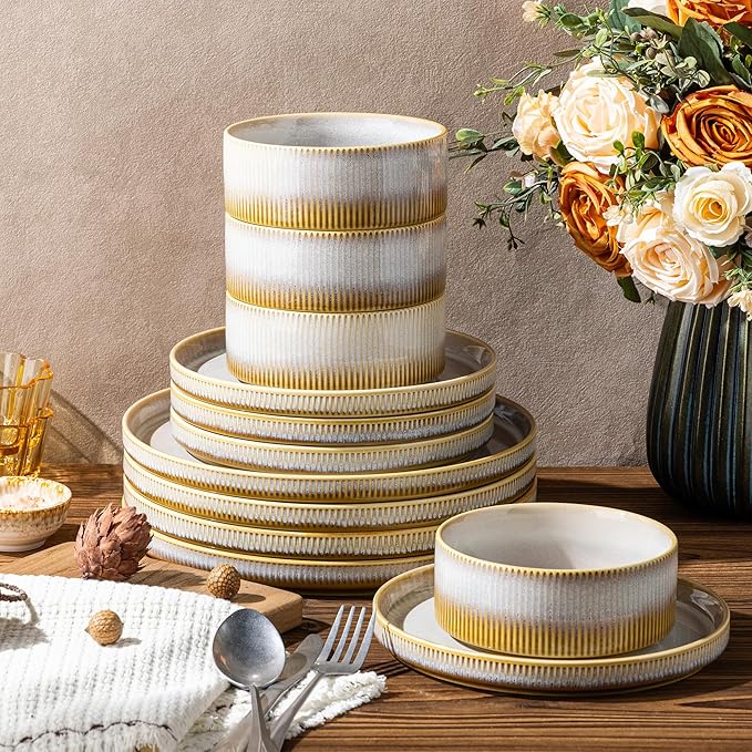 TheTerra Ceramic Dinnerware Sets for 4 12 Pieces Porcelain Lightweight Plates and Bowls Sets Scratch Resistant Dish Set Oven &amp Microwave &amp Dishwasher Safe Autumn Haze