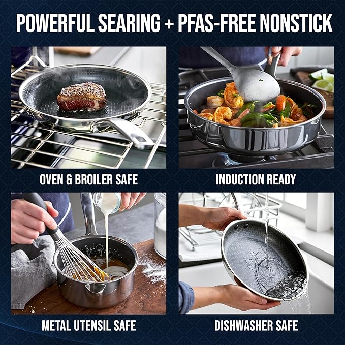 Blue Diamond Hybrid Nonstick Stainless Steel 12 Piece Cookware Set Tri-Ply PFAS-Free Ceramic Diamond Bond Pots &amp Pans Dishwasher &amp Oven Safe to 850F Induction Ready Metal Utensil Safe Sil
