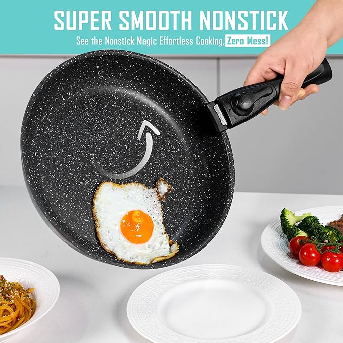 15-Piece Premium Nonstick Cookware Set – Marble Coated Pots &amp Pans (Interior &amp Exterior) Removable Handle Space-Saving for RVs &amp Small Kitchens Induction &amp Oven Safe PFOA-Free