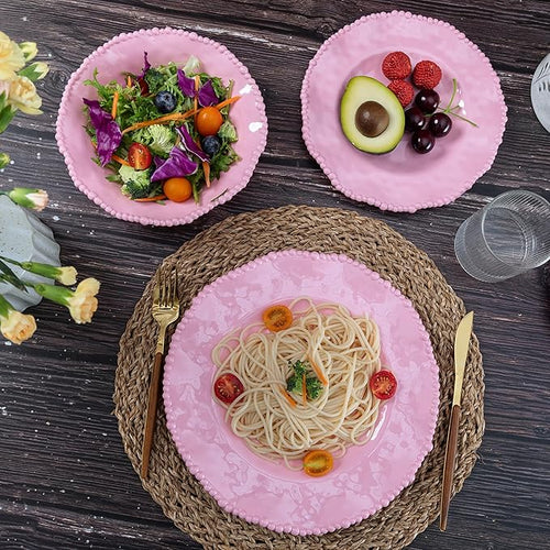 12 pcs Melamine Dinnerware Set Elegant Scalloped Rim With Beaded Serving Plates and Bowls Sets of 4 Pearl Design Kitchen Dishes Dinner Set.Perfect for Girl's and Women's PartiesGathering