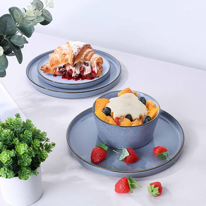 Herogo Dinnerware Sets with Pasta Bowls for 4 16 Piece Dinner Salad Plates and Cereal Serving Bowls Stoneware Dishes Dinner Ware for Home Kitchen Dishwasher &amp Microwave Safe Haze Blue