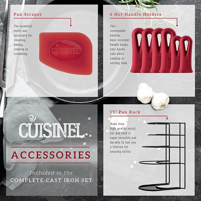 Cuisinel Cast Iron Cookware 18-Piece Set - Pre-Seasoned 6 + 8 + 10 + 12 Skillet + Grill Pan+Lid + Griddle + Pizza Pan + Dutch Oven+Pan Cover + Panrack + Silicone Handle Grips + Pan Scraper/Cleaner