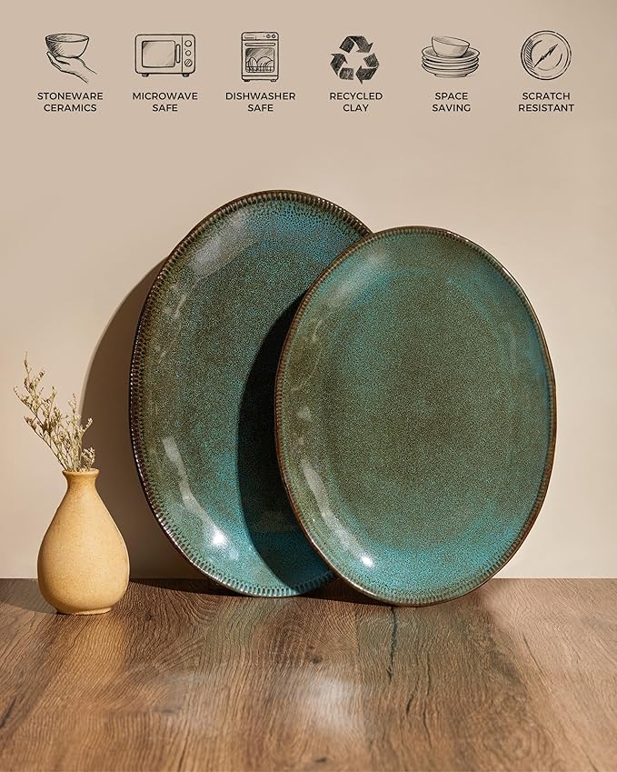 14 Pieces Dinnerware Sets with Serving Platters Brown Green