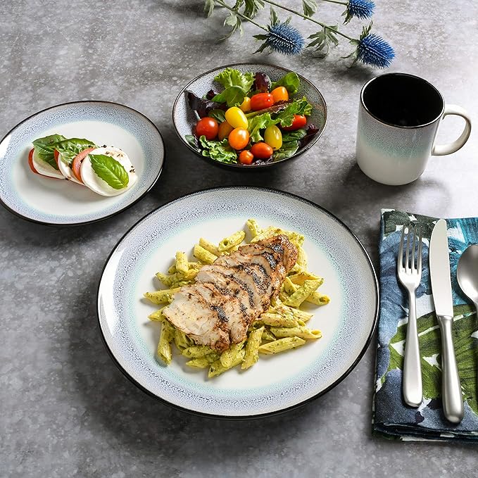 Gibson Elite Rings of Saturn Round Reactive Glaze Stoneware Dinnerware Set Service for Four (16pcs) Teal Blue