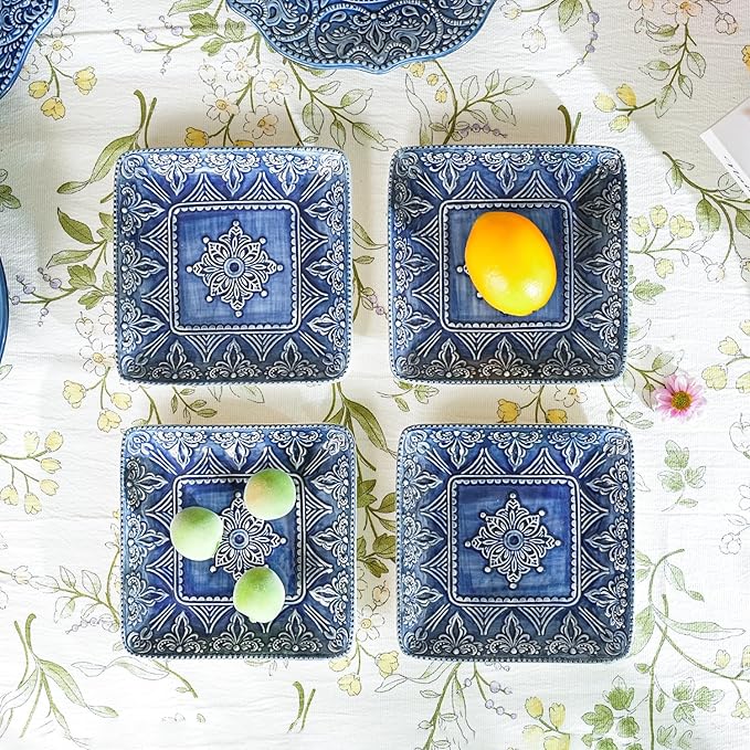 Sungmor Embossed Stoneware Fine Dining Dinnerware Antique Baroque Style Porcelain 6 Inch Square Appetizer Plates Set of 4 Sophisticated Ceramic Small Dinner Plates Serving Dish for Dessert Salad