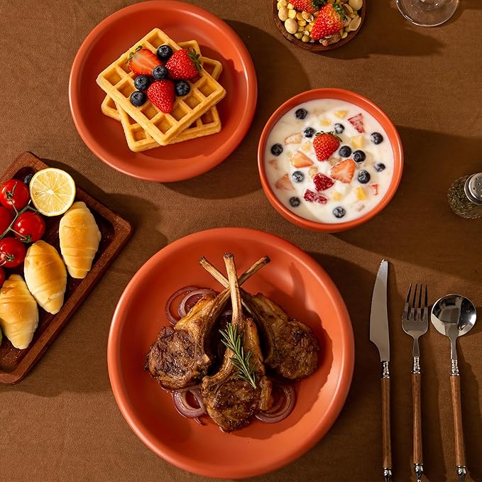 Timeworn Clay Dinnerware Set 12 Pieces Stoneware Sets for 4 Hand-Finished Glaze Farmhouse Plates and Bowls Microwave and Dishwasher Safe Terracotta Red