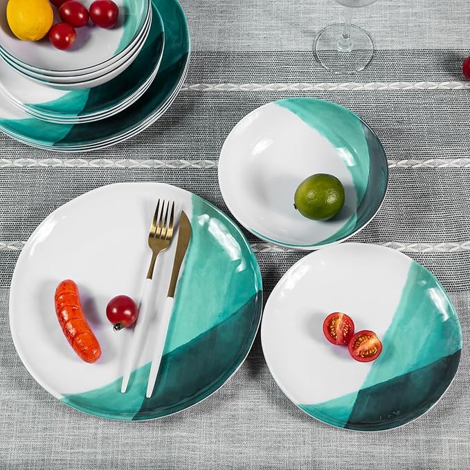 Melamine Plates and Bowls Set - 12pcs Dinnerware Dishes Set for 4 Dinner Plates for Indoor and Outdoor Use Lightweight Break-resistant Green &amp White