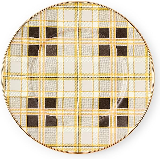 MACKENZIE-CHILDS Enamel Salad and Dessert Plate Small Plate for a Dessert or Appetizer Dish 8 Inches Brown-and-White Tartan Mocha