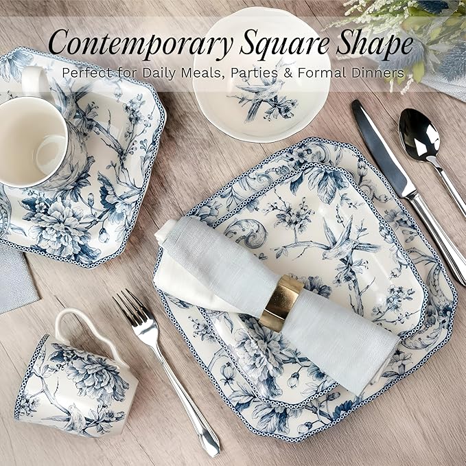 222 Fifth Adelaide 16-Piece Floral Porcelain Dinnerware Set | Microwave and Dishwasher Safe Dining Set for 4 | Stackable and Chip-Resistant Plates Bowls and Cups | Gift for Housewarming and Wedding