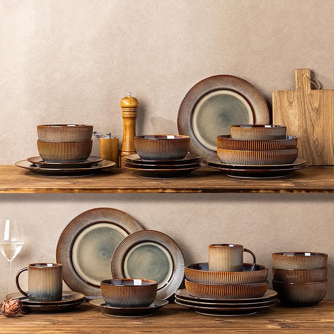 TheTerra Stoneware Dinnerware Sets for 4 12 Pieces Ceramic Plates and Bowls Sets Scratch Resistant Embossed Dish Set Oven Microwave &amp Dishwasher Safe Coca Mocha