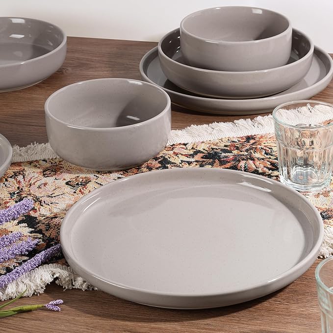 HaWare 16-Piece Plates and Bowls Set for 4 Stoneware Dinnerware Sets with Pasta Bowl Dishes Set for Home Restaurant Speckled Cream Coffee
