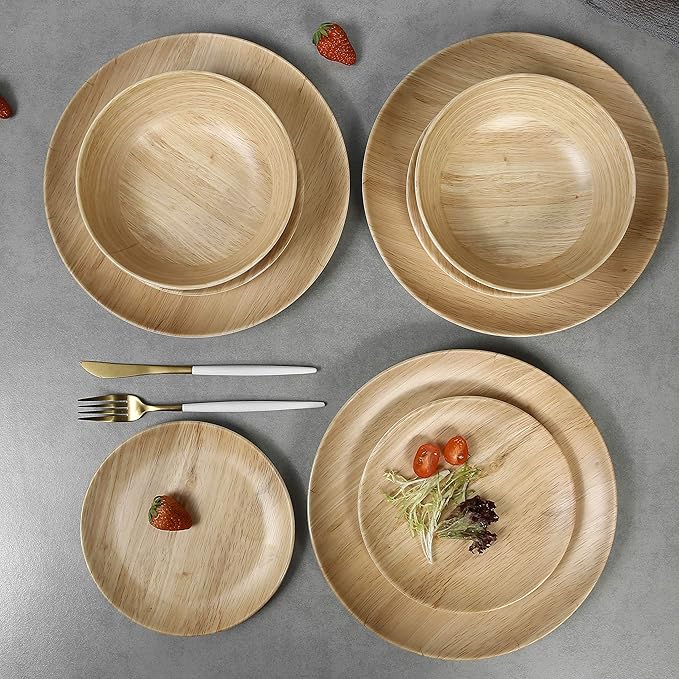 Melamine Dinnerware Set - 12pcs dinnerware set Indoor and Outdoor use Bamboo Pattern Dishes Dinnerware Set for 4Dishwasher Safe (Wood Grain)