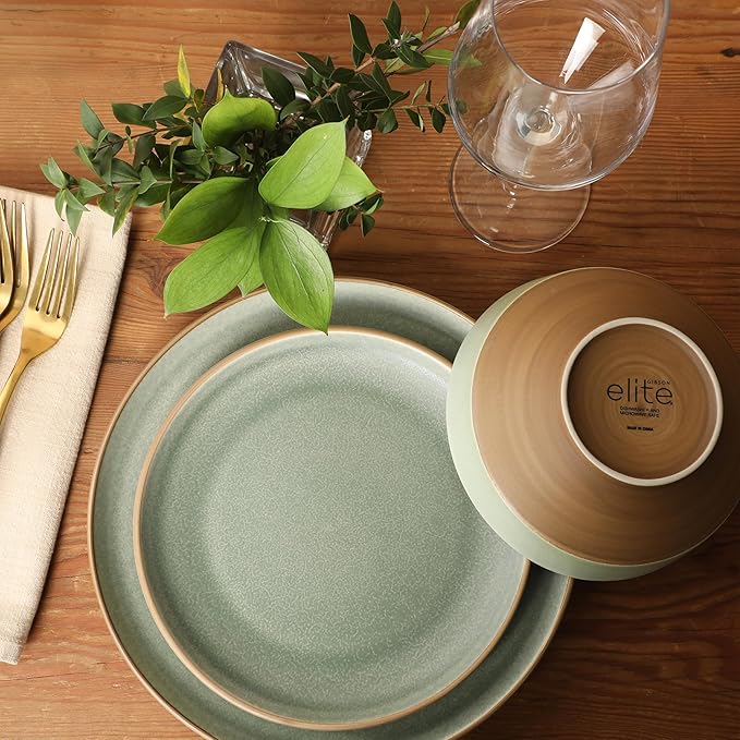 Gibson Elite Octavia Place 16 Piece Stoneware Dinnerware Set Service for 4 Coupe Modern Plates &amp Bowls Reactive Glaze Finish Green Microwave &amp Dishwasher Safe