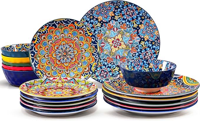 18 Pieces Dinnerware Sets Porcelain Dishes Set for 6 Microwave and Dishwasher Safe Scratch Resistant Bohemian Style Plates and Bowls Set Service for 6