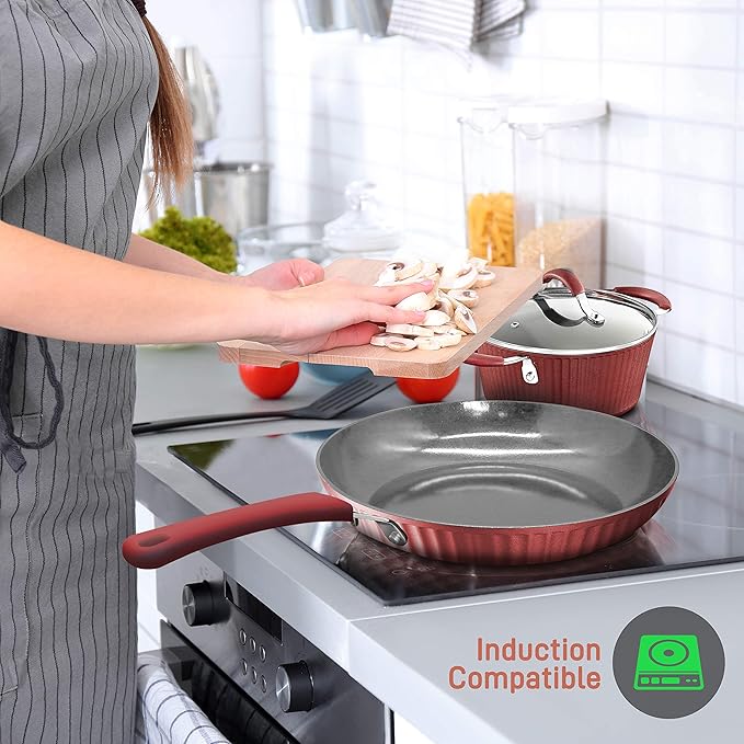 NutriChef Non-stick Kitchenware Pots &amp Pans - 11 Pcs. Stylish Kitchen Cookware Set w/Elegant Lines PatternGray Inside &amp Red Outside Metal + Silicone Handle PTFE/PFOA/PFOS Free - NCCW11RDL
