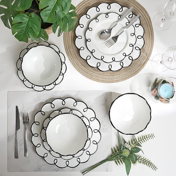 Sango 12-Piece Earthenware Dinnerware Set for 4 Glossy White Plates and Bowls Sets with Black Scalloped Rims Premium Dish Set Dishes for Hosting Parties Birthday &amp Wedding Gifts Splash of Che