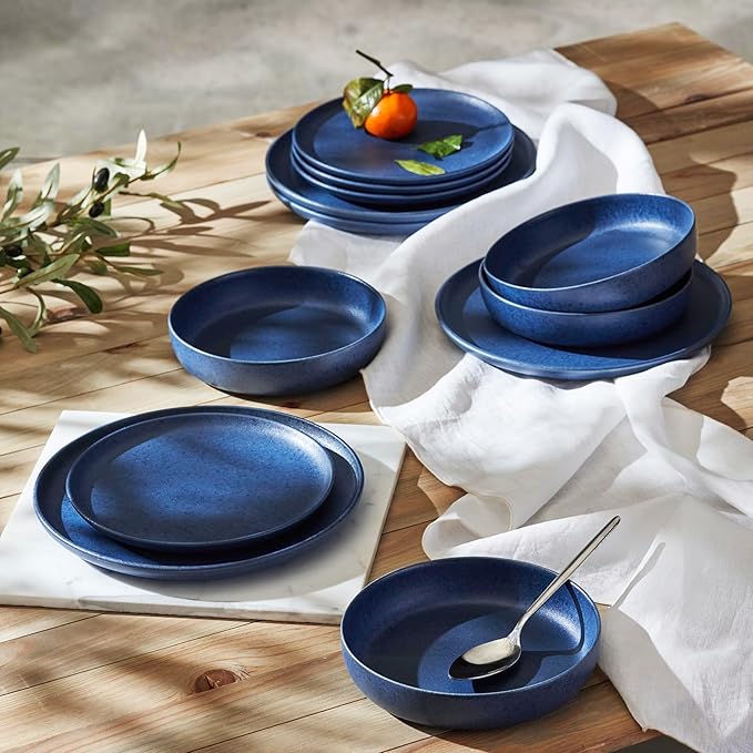 Porto by Stone Lain Macchio 24-Piece Premium Kitchen &amp Dining Dinnerware Set Stoneware Blue Matte Crafted in Portugal Dishwasher and Microwave Safe Scratch-Resistant Dish Set for 8