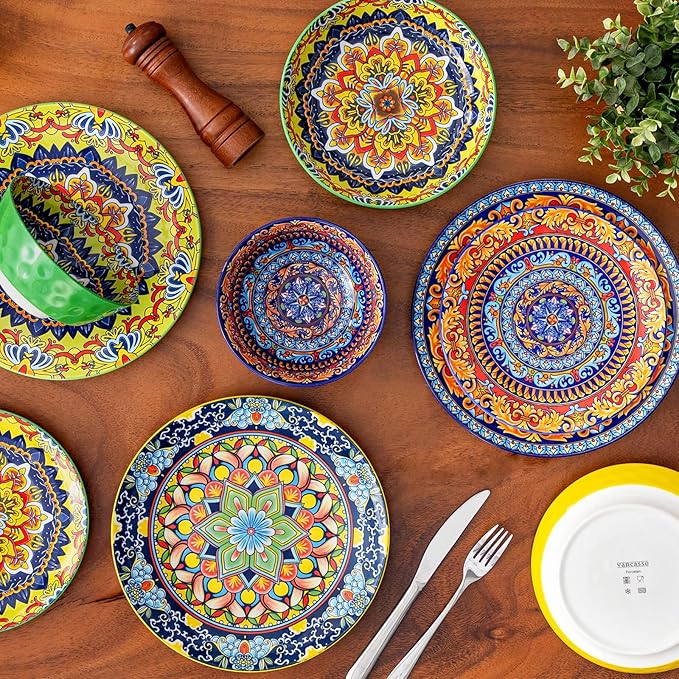 vancasso 16 Pieces Plates and Bowls Set Bohemian Style Dinnerware Sets Service for 4 Porcelain Boho Dishes Set for Kitchen Housewaring Gift Dishwasher and Microwave Safe Series KRVI