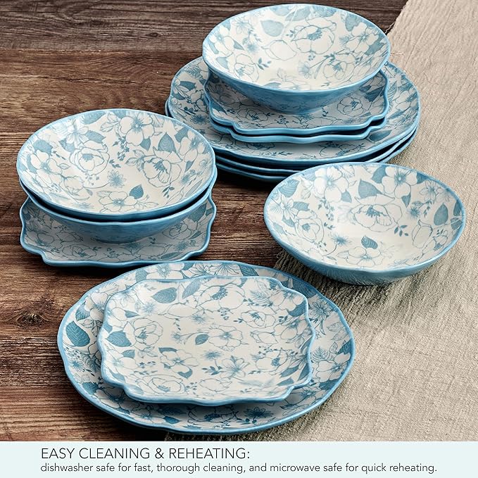 Pfaltzgraff Garden Blossom Floral 12 Piece Plate Bowl Dinnerware Set Blue