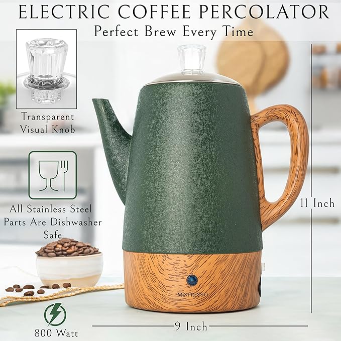 Mixpresso 10 Cup Percolator Coffee Pot Electric Stainless Steel Coffee Percolator Electric With Keep Warm Function Classic Perculator Pot With Removable Basket for Home or Office - Shiny Green