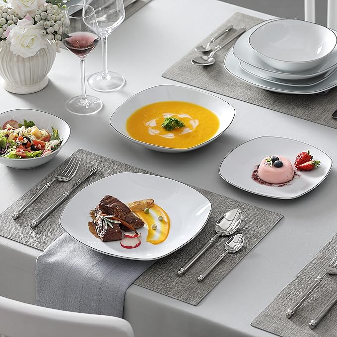 MALACASA Dinnerware Sets 24 Piece Porcelain Square Dishes White with Black Rim Plates and Bowls Sets Ceramic Dish Set for 6 Chip Resistant Dishware Sets Series ELISA