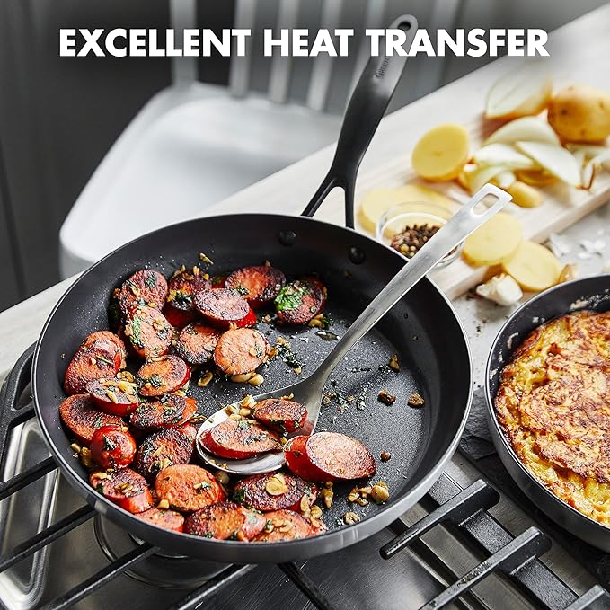 GreenPan Venice Pro Noir Tri-Ply Stainless Steel Healthy Ceramic Nonstick 10 and 12 Frying Pan Skillet Set Matte Black Handle PFAS-Free Multi Clad Induction Dishwasher Safe Oven Safe Silver