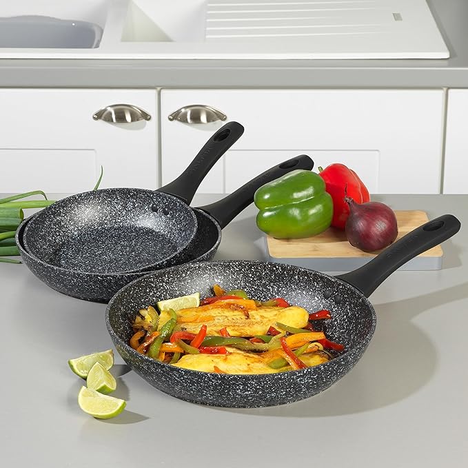 Salter COMBO-8207A Megastone Non-Stick Frying Pan Set 3 Piece Pan Set 20/24/28 cm Forged Aluminium Cookware Dishwasher &amp Metal Utensil Safe Use Little or No Oil for Healthier Meals PFOA-Free