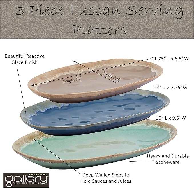 Tabletops Gallery Tuscan Reactive Glaze Stoneware- Platter Serving Bowl Mixing Bowl Mug Tuscan 3 Piece Oval Serving Platter Set (Blue Green and Brown)