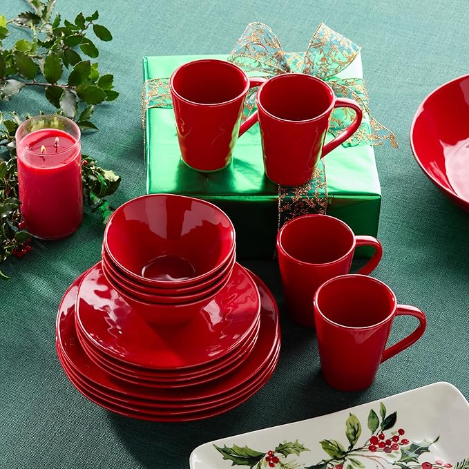 Berry Red Christmas 16pc Dinnerware Set Stoneware Holiday Tableware Service for 4 with Plates Mugs &amp Bowls Mix and Match with Holly and Vines for a Festive Christmas Table