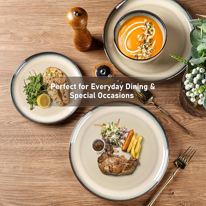 GBHOME Ceramic Dinnerware Sets for 6 18 Pieces Stoneware Plates and Bowls Sets Reactive Glaze Dishes -Scratch Resistant Dishwasher&ampMicrowave SafePale Khaki