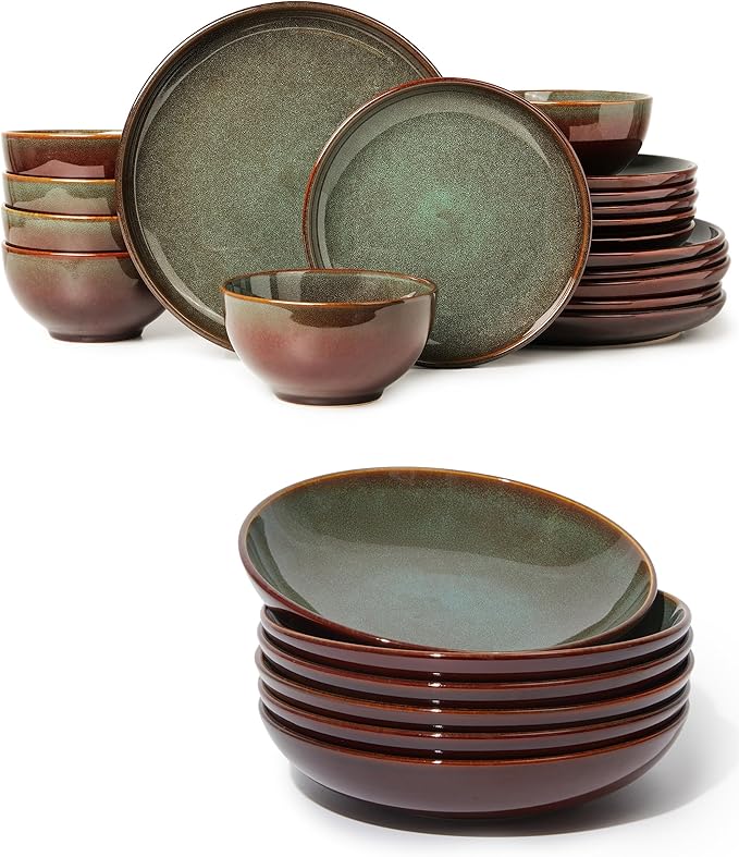 24 Pieces Dinnerware Sets with Pasta Bowls Brown Green