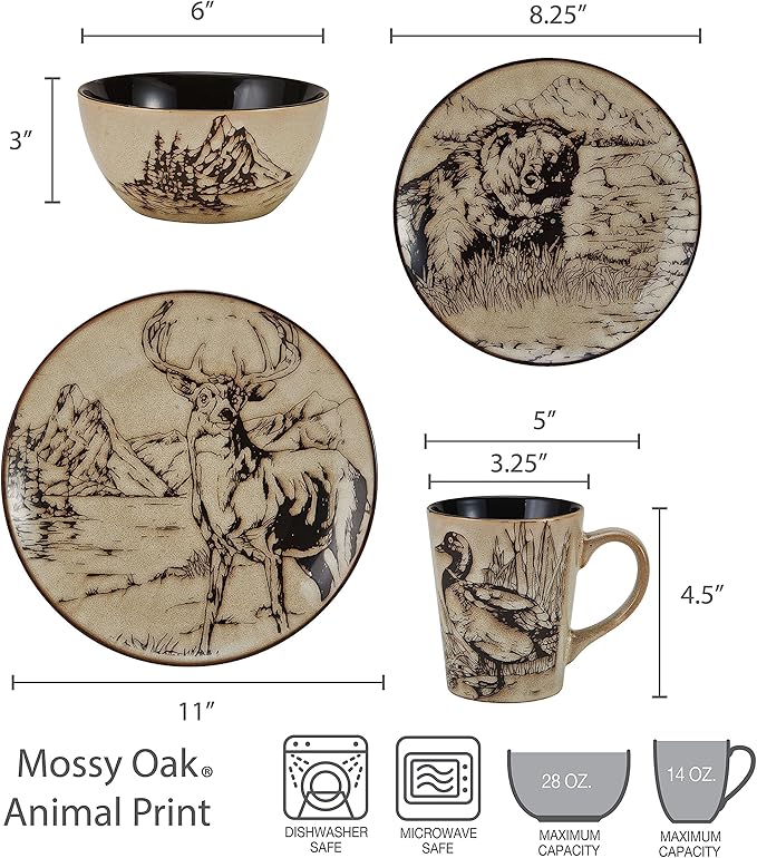 Mossy Oak Animal Print 16 Piece Dinnerware Set Service for 4 Black and Beige