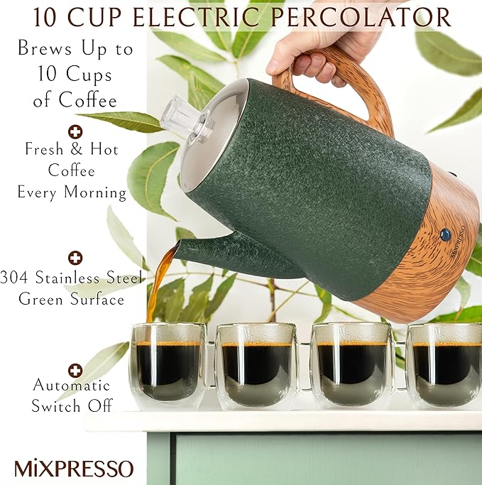 Mixpresso 10 Cup Percolator Coffee Pot Electric Stainless Steel Coffee Percolator Electric With Keep Warm Function Classic Perculator Pot With Removable Basket for Home or Office - Shiny Green