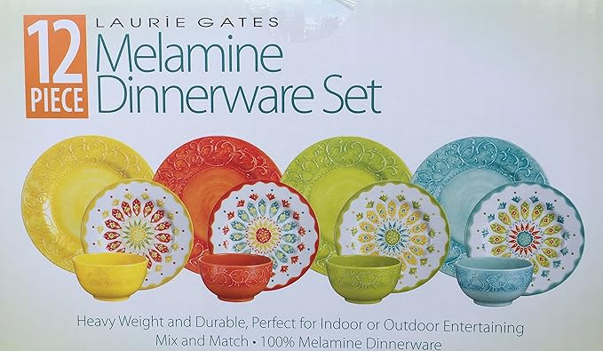 Laurie Gates - 12 Piece Melamine Dinnerware Set (Yellow &amp Orange &amp Green &amp Blue)