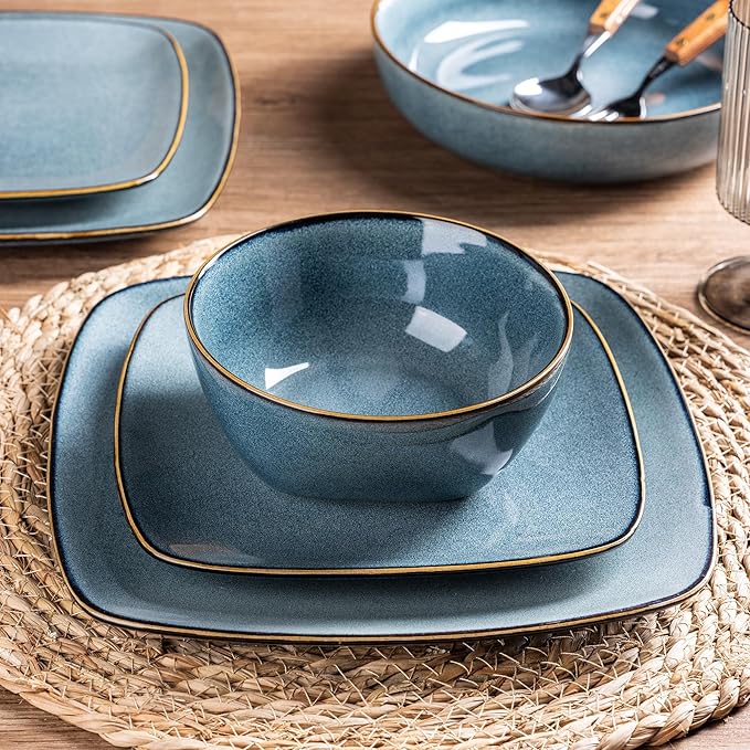 AmorArc Ceramic Dinnerware Sets for 4 12 Pieces Square Handpainted Plates and Bowls Set Chip and Scratch Resistant Stoneware Dishes Set Dishwasher &amp Microwave Safe Ocean Blue