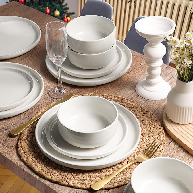 HaWare Stoneware Dinnerware Sets 12-Piece Plates and Bowls Set for 4 Dishes Set for Home Restaurant Speckled Milky White