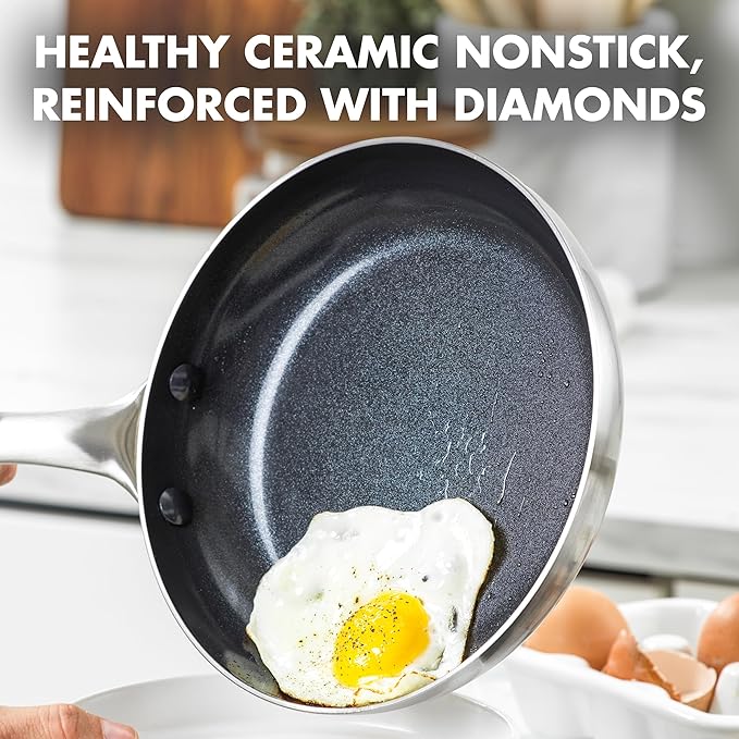 GreenPan TriClad Tri-Ply Stainless Steel Healthy Ceramic Nonstick 10 Piece Cookware Pots and Pans Set Frypan Saucepan Saute Pan CasseroleLids Induction Suitable PFAS-Free Dishwasher and Oven Safe