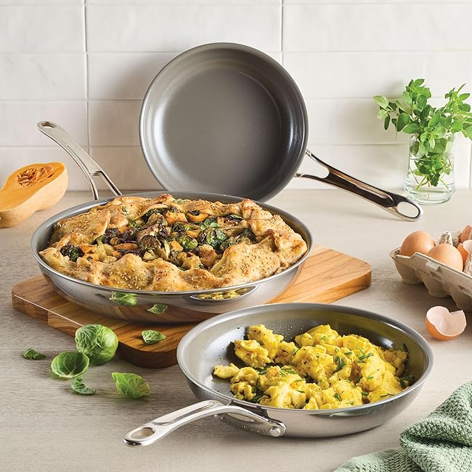 Anolon EverLast Ceramic Nonstick Frying Pans/Skillets Clad Induction 3 Piece Set 8.5 Inch 10 Inch and 12.25 Inch Open Fry Pans - Stainless Steel