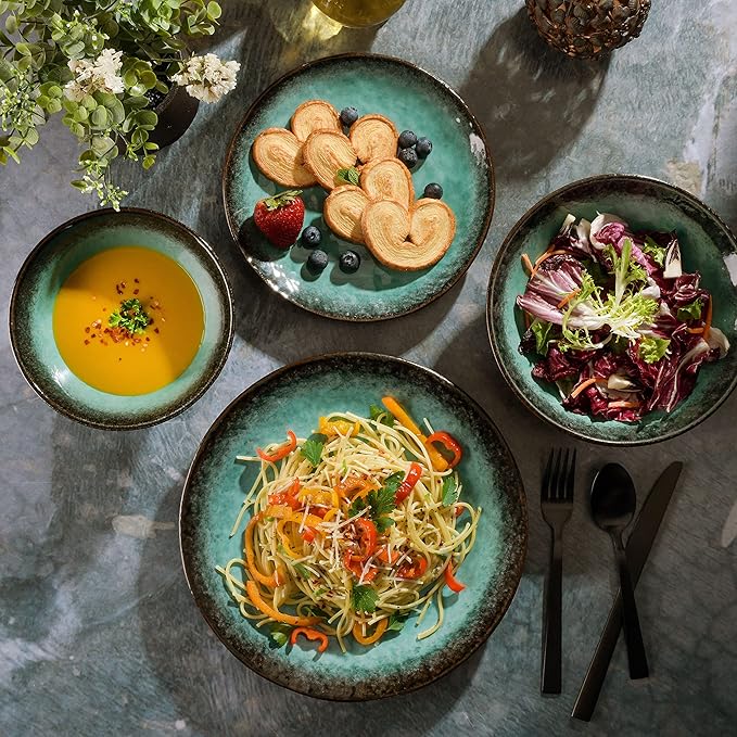 Gibson Elite Green Lantern Service for 4 (16 Piece) Double Bowl Dinnerware Set Teal Soft Gray Dinnerware Set