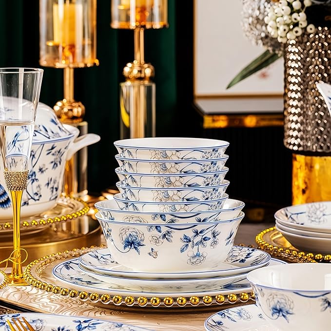 Fine Bone China Dinnerware SetPorcelain&ampCeramic Dinnerware SetsBone Stoneware &ampCeramic Cookware Tableware Set Includes Dinner Plates|Spoons|Pasta Bowls|Soup Pot|Chopsticks (56 PCS)
