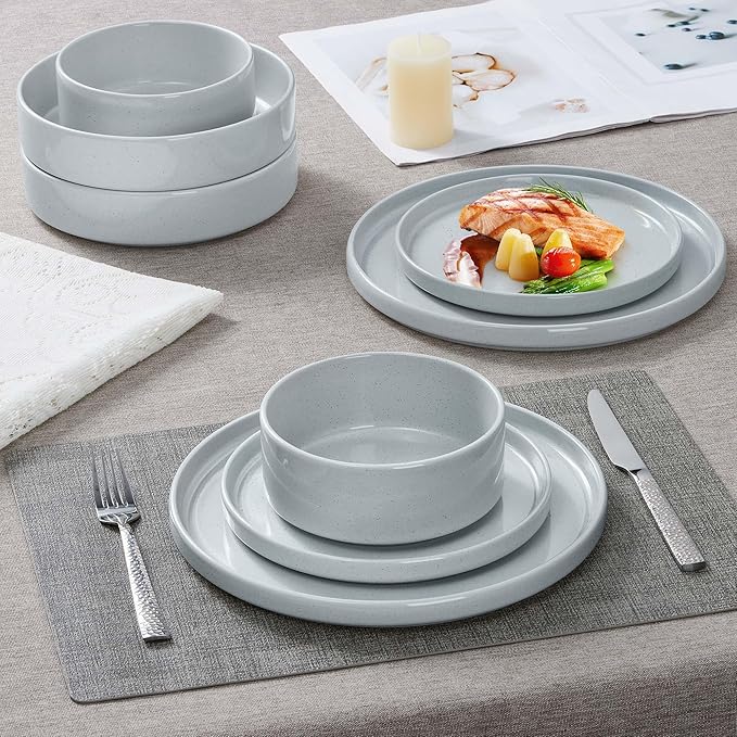 Herogo Stoneware Dinnerware Set with Salad Bowls 24 Piece Kitchen Dinner Dish Set for 6 Plates and Cereal Pasta Bowls Chip &amp Scratch Resistant Dishware Speckled Light Gray