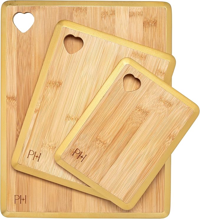 Paris Hilton Reversible Bamboo Cutting Board Set with Heart Shaped Cut-Out Design Glamorous Gold Edge Detail and Multiple Board Sizes 3-Pieces Gold