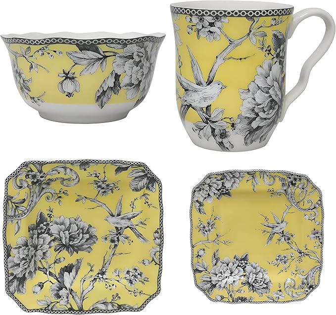 222 Fifth Adelaide 16-Piece Square Floral Dinnerware Set – Service for 4Yellow Porcelain Big Dinner Plates and Bowls Sets for Everyday Entertainment Microwave &amp Dishwasher Safe Chip Resistant