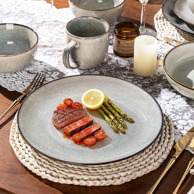 GBHOME 24 Pieces Ceramic Dinnerware Sets for 6 Stoneware Plates and Bowls Set with Reactive Glaze Scratch Resistant Stoneware Dishes Set Dishwasher &amp Microwave Safe