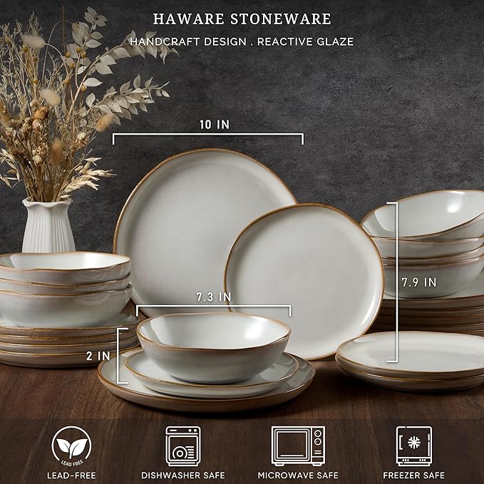 HaWare Plates and Bowls Set Stoneware Dinnerware Sets 18-Piece Hand-painted Dishware for 6 Scratch Resistant Ceramic Dinner Set for Home Kitchen Microwave and Dishwasher Safe Reactive Pearl White