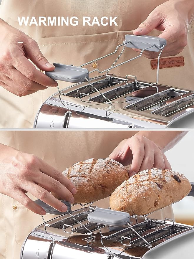 Toaster 4 Slice Extra Wide Slots Stainless Steel with High Lift Lever Bagel and Muffin Function Removal Crumb Tray 7-Shade Settings with Warming Rack Silver Yabano