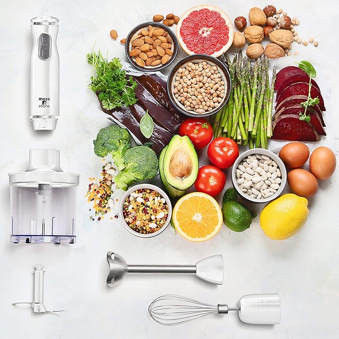Moss &amp Stone Hand Blender With Egg Whisk &amp Chopper Powerful 300 Watt - Stick Blender Hand Mixer Set Stainless Steel Shaft &amp Blades White Handheld Blender With Ergonomic Handle