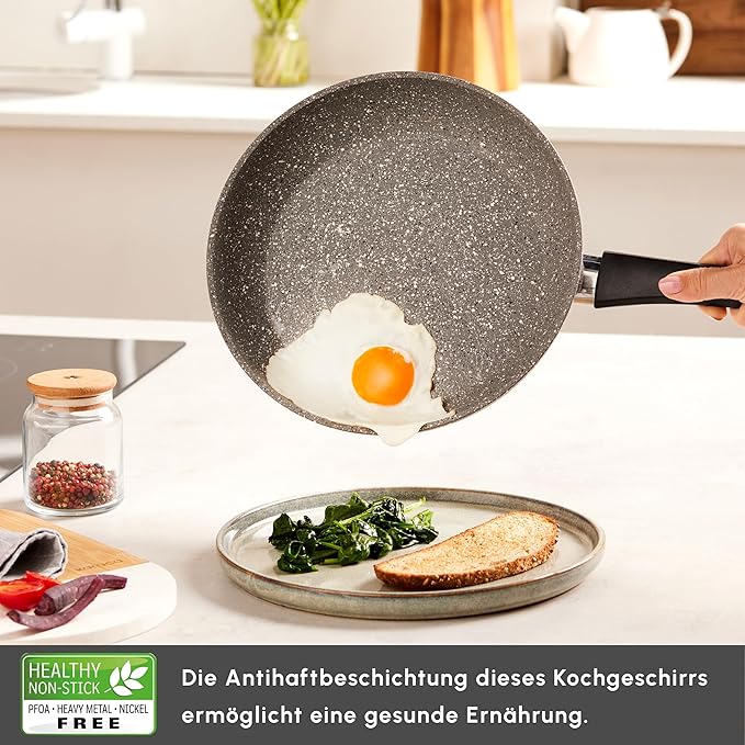 KARACA Gris Biogranite 2-Piece Induction Cookware Set 26cm Frying Pan 28cm Non-Stick Grill PFOA Free Anti-Scratch Biogranite &amp Dishwasher Safe Pan Grey